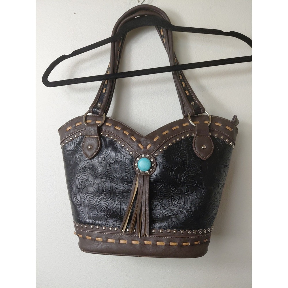 Turquoise Concho Fringe Tooled Western Shoulder Handbag JustinWest Brown Leather